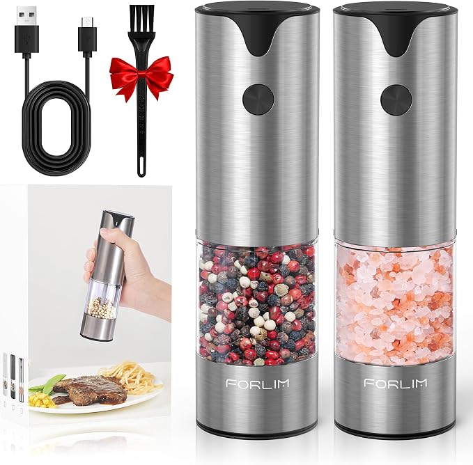 FORLIM Electric Salt and Pepper Grinder Set, USB Rechargeable, Automatic Salt by FORLIM