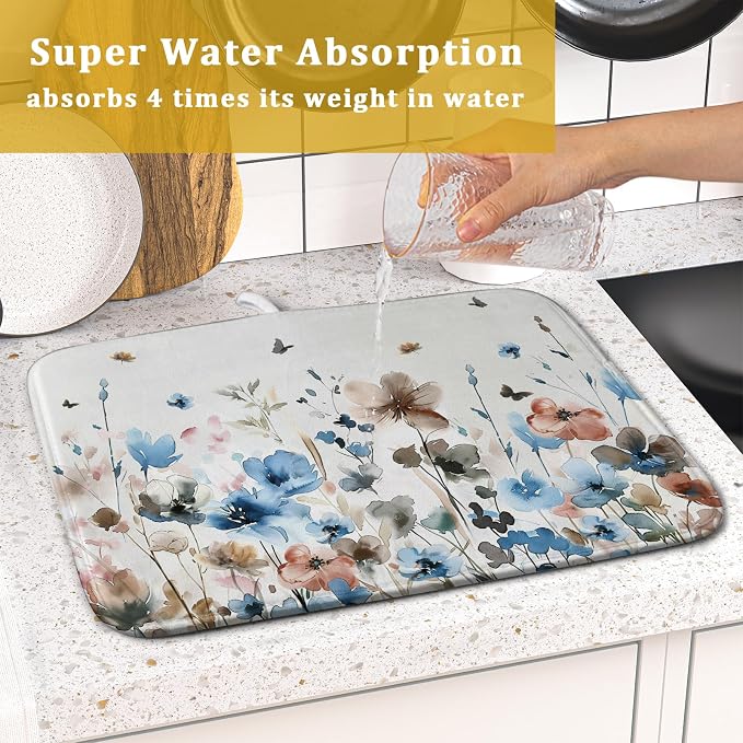 Giwawa Watercolor Floral Dish Drying Mat, Spring Summer Wildflower Microfiber - Image 7