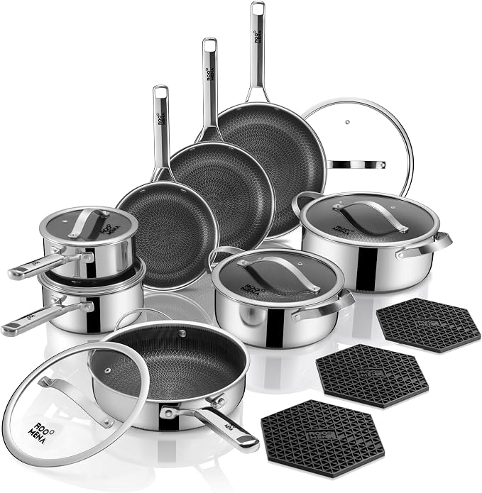 Pots and Pans Set Hybrid Stainless Steel, Dishwasher & Oven Safe, Metal Utensil by Roomena