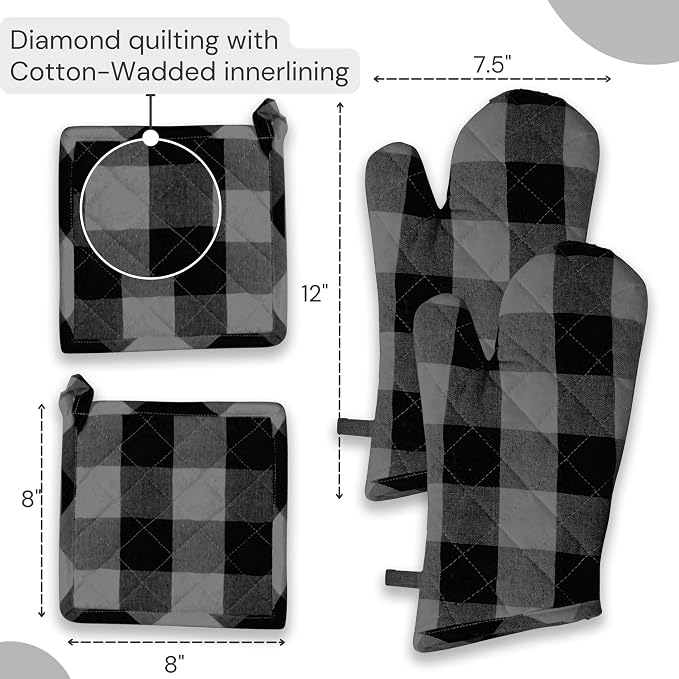 Buffalo Plaid Check Oven Mitts and Pot Holders Set, 100% Cotton, Heat Resistant - Image 6