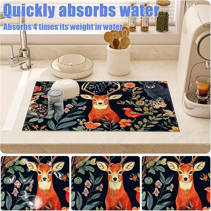 Vintage Deer Dish Drying Mat for Kitchen Counter Wild Animals Drying Pad - Image 4