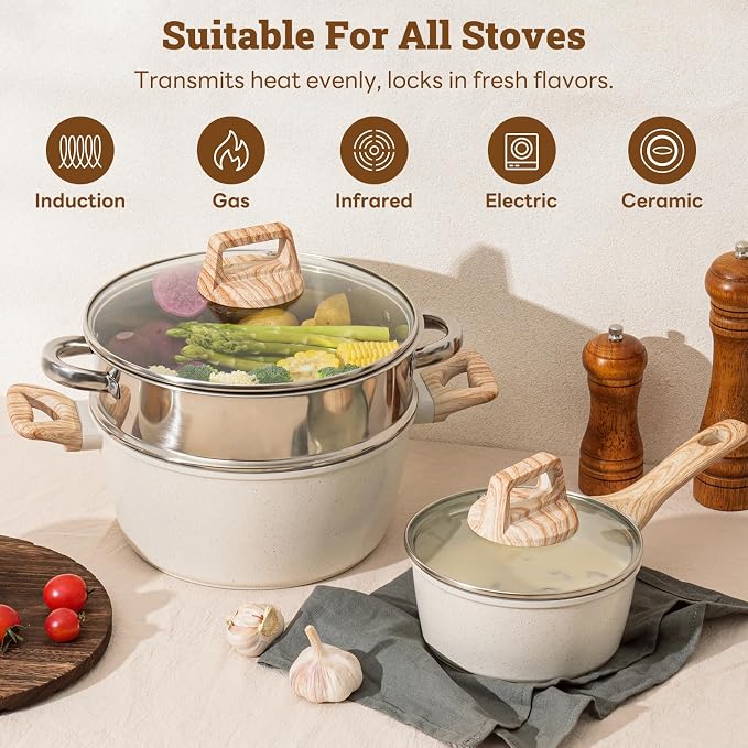 17 Pcs Pots and Pans Set Non stick，Cookware Sets White Granite Induction - Image 5
