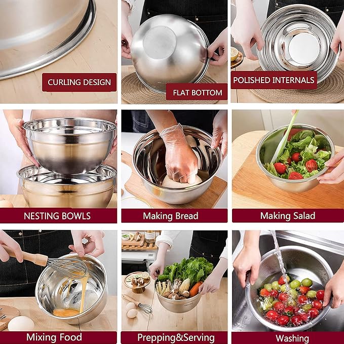 MIKULA Mixing Bowls Set, Large Nesting Bowls 7/6/4.5/3.5/2.5QT, Measuring Cups - Image 3
