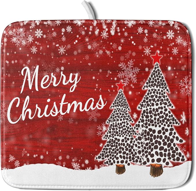 Merry Christmas Tree Red Dish Drying Mat by Anyako