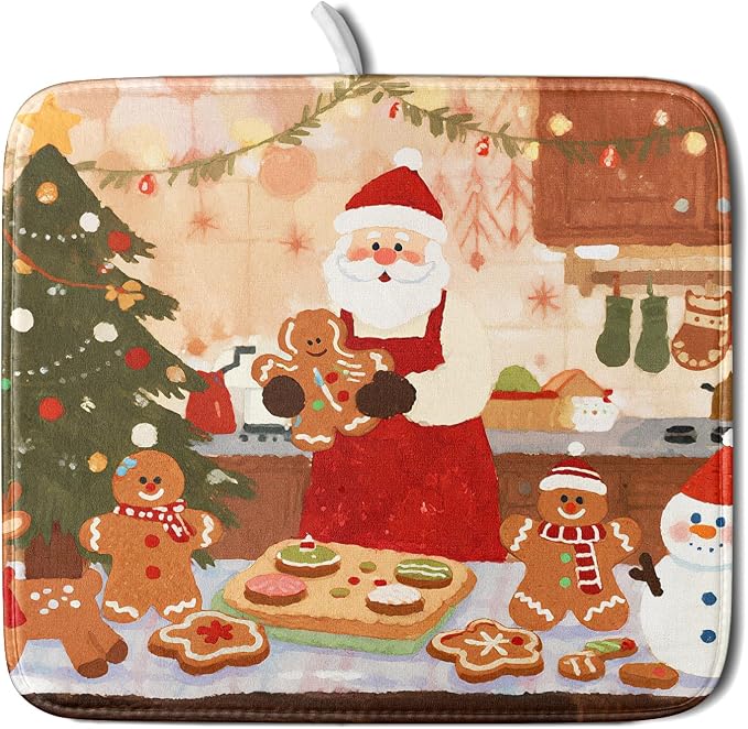 Christmas Dish Drying Mat for Kitchen Counter 16x18 Santa Claus Gingerbread by Aytipun