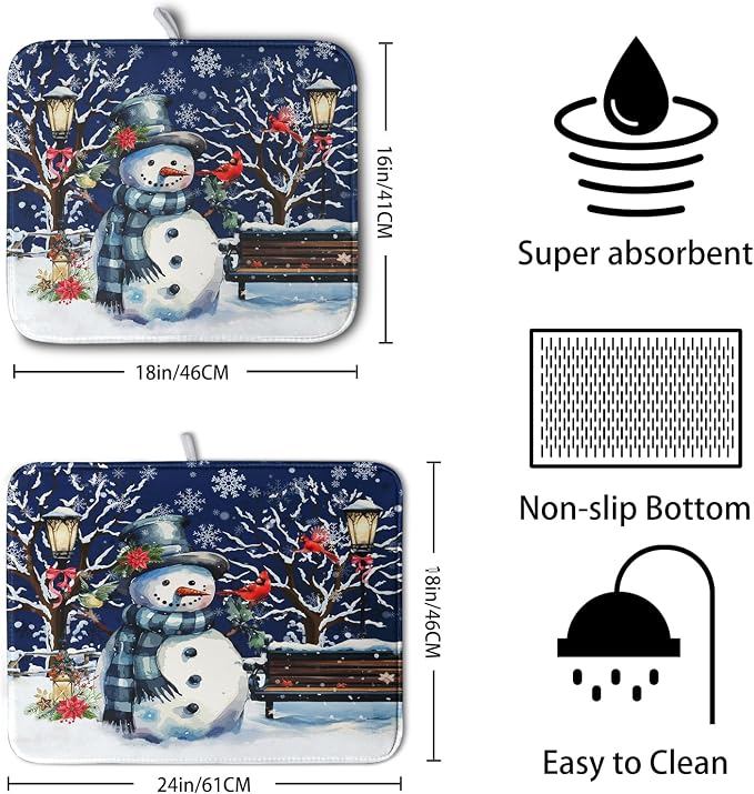 Winter Snowman Dish Drying Mat for Kitchen Counter 18x24, Xmas Snowflakes Dish - Image 2