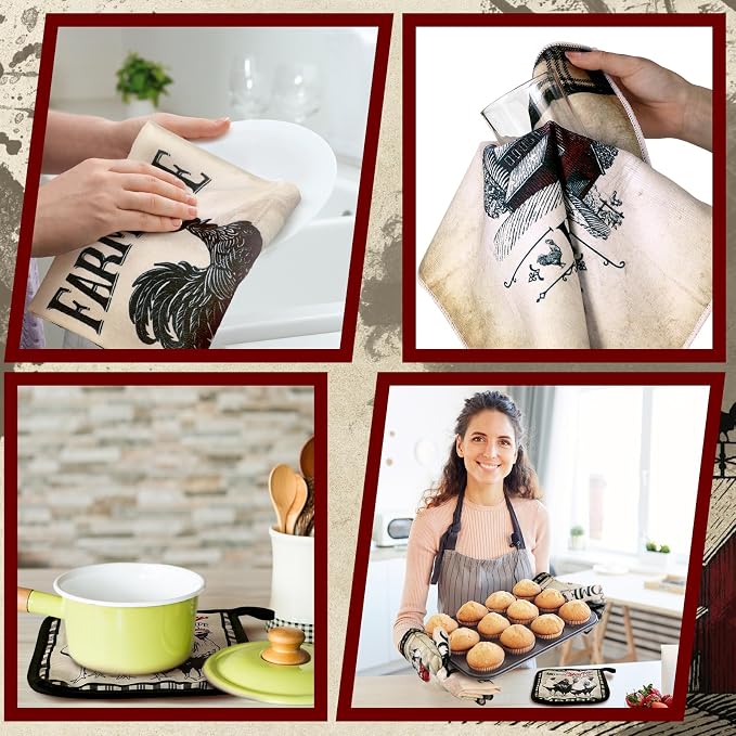 Leinuosen 6 Barn Farm Farmhouse Kitchen Decor Dish Towels Oven Mitts and Pot - Image 6