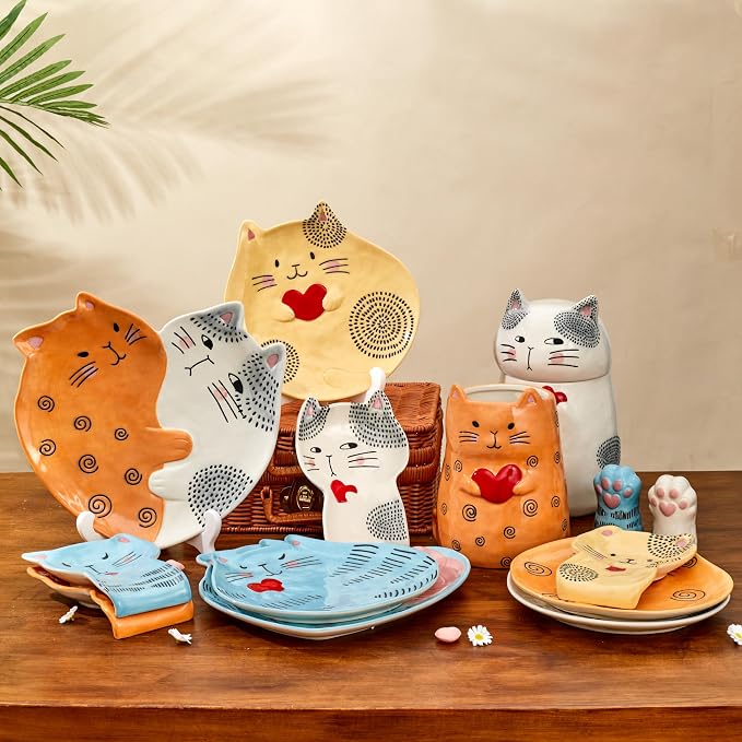 Bico Cartoon Cat Handpainted Stoneware Orange 7.8 inch Utensil Holder, - Image 5