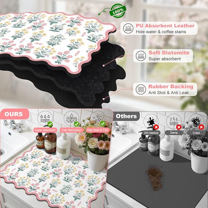 LOKHOM Scalloped Floral Dish Drying Mat, Cuttable Hide Stain Non-slip Drying Mat - Image 6