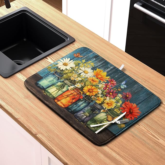 Daisy Dish Drying Mat for Kitchen Counter 18x24 Inch Rustic Vintage Flower - Image 6