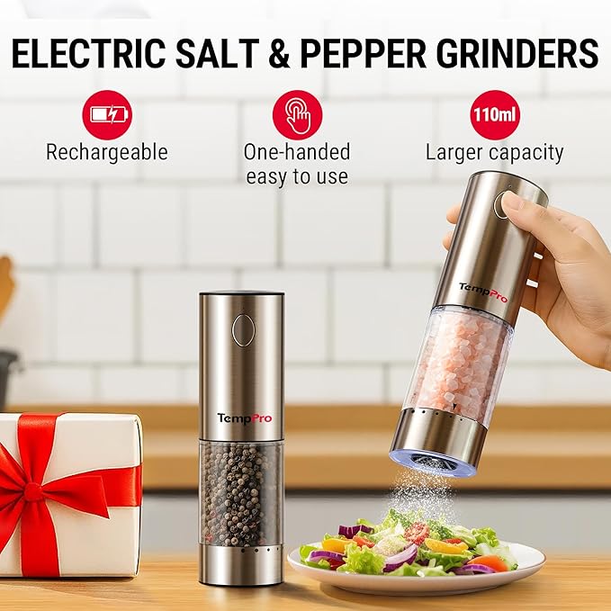 TempPro 100ml Electric Salt and Pepper Grinder Set Rechargeable, Automatic - Image 6