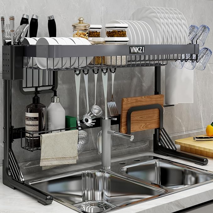 VNKZI Over Sink Dish Drying Rack, 2 Tier Stainless Steel Storage Adjustable by VNKZI