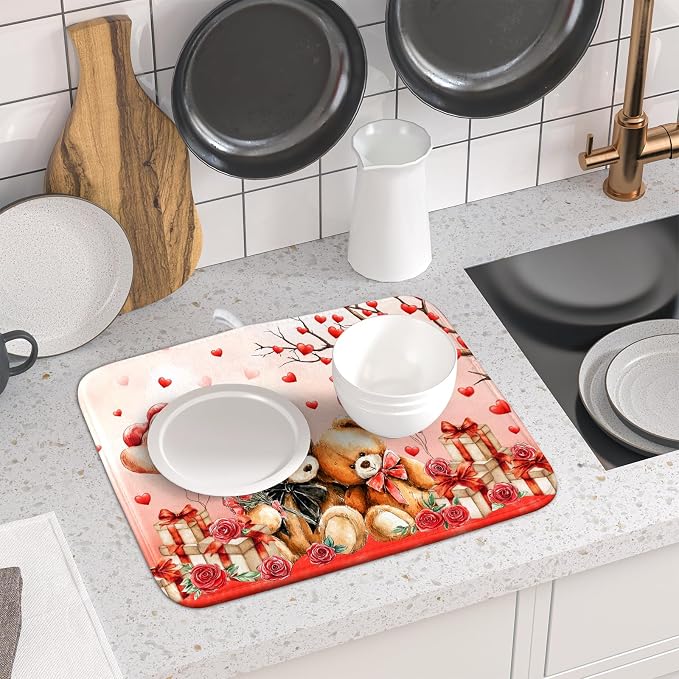 Valentines Day Dish Drying Mat Bear Lover Absorbent Kitchen Drying Mats - Image 6