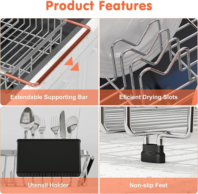 Expandable Over The Sink Dish Drainer Drying Rack In Stainless Steel Metal - Image 7