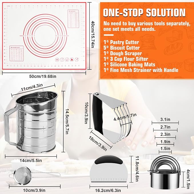 Biscuit Cutter Set, Dough Cutter, 3 Cup Flour Sifter, Baking Mat and Fine Mesh - Image 6