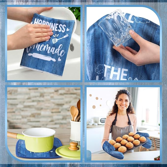 Leinuosen 8 Pcs Farmhouse Kitchen Decor Towels and Oven Mitts Sets Pot Holders - Image 6