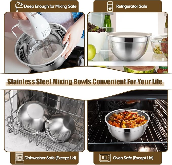 P&P CHEF Mixing Bowls with Airtight Lids Set of 5, 10-Piece Stainless Steel - Image 6