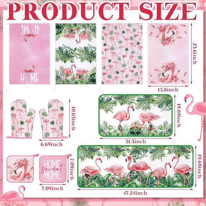 Fourluoo 10 Pcs Flamingo Kitchen Dish Towels Rugs Oven Mitts and Pot Holders - Image 3