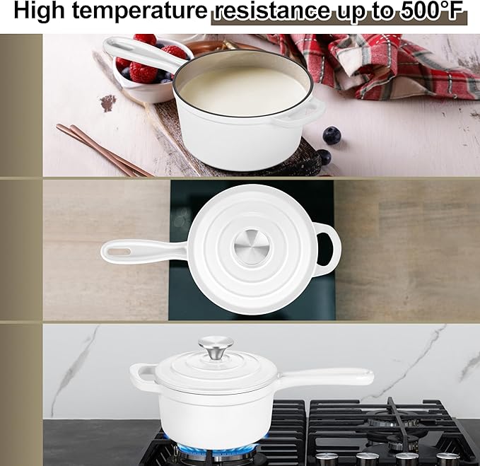 1 Qt & 2 Qt Pots and Pans Set, Leonyo Enameled Cast Iron Saucepan - Image 4