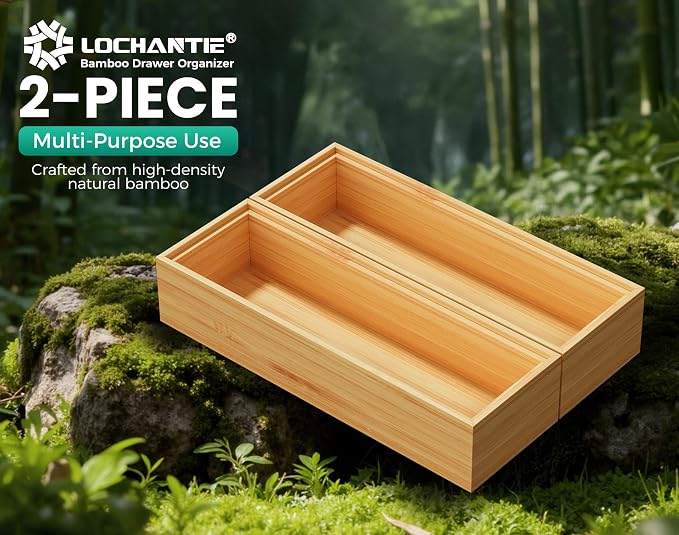 Bamboo Kitchen Drawer Organizer Boxes – 9" x 3" Stackable Wood Silverware - Image 6