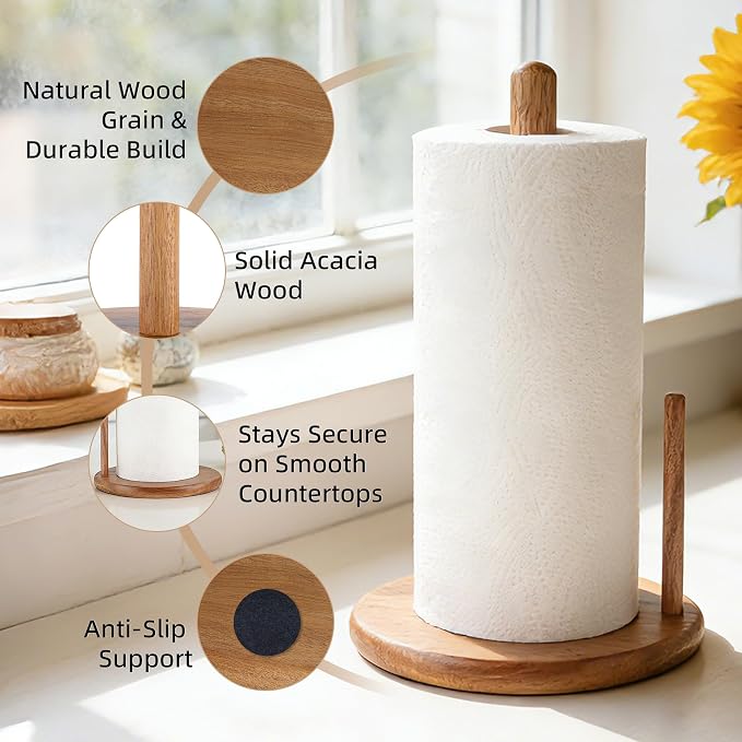 Jumbo Acacia Wood Paper Towel Holder – Large 8.27" Diameter Non-Slip Base - Image 4