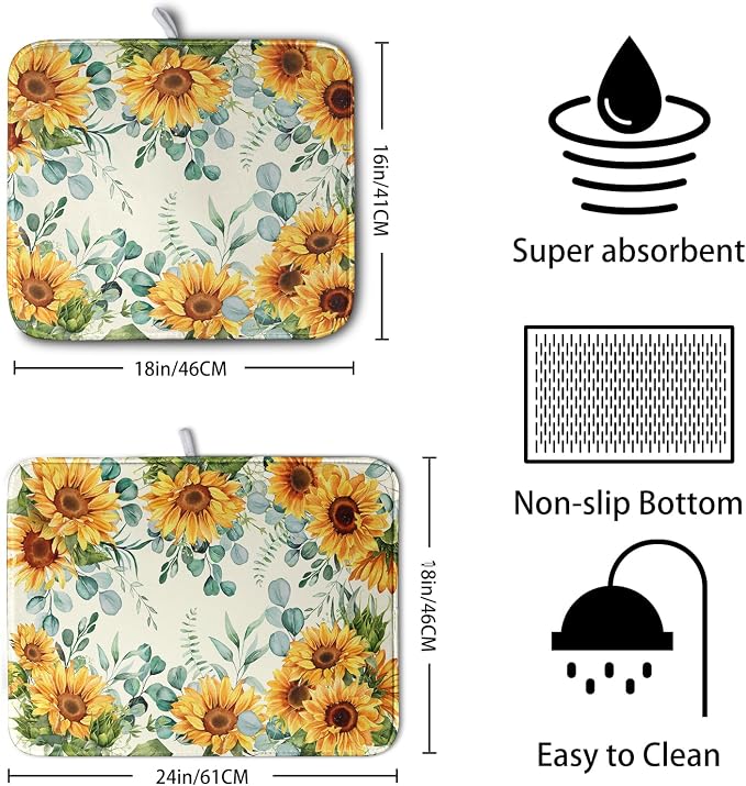 Sunflowers Dish Drying Mat for Kitchen Counter Yellow Flower Green Leaves Dish - Image 2