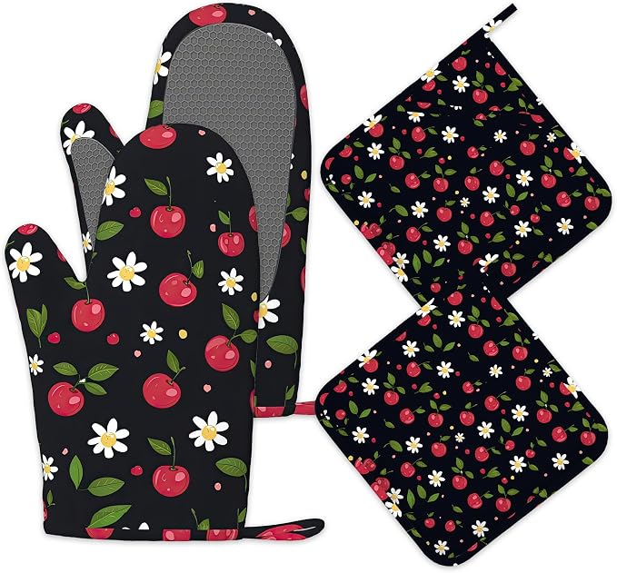 Cherry Oven Mitts and Pot Holders Sets of 4, Heat Resistant Daisy Floral by Unknown