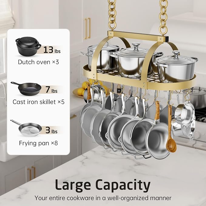 KES Gold 34 Inch Hanging Pot Rack, 100 LBS Capacity Heavy Duty Oval Pot and Pan - Image 2