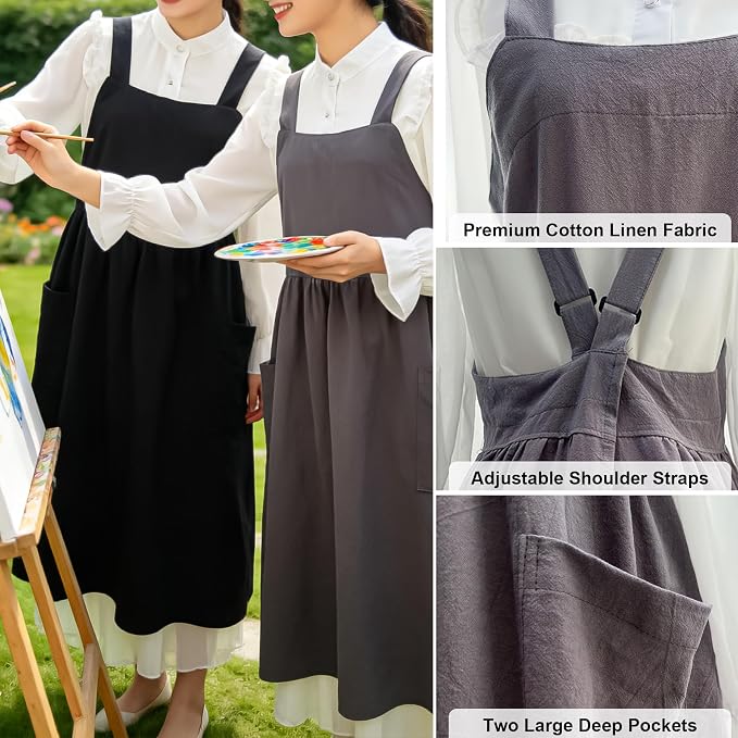 Uaussi Cotton Linen Apron Cross Back Work Apron - Image 2