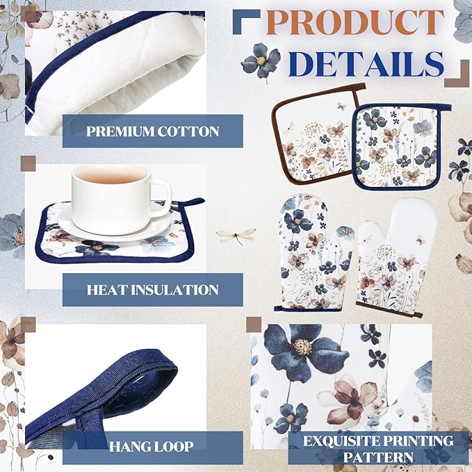 Teenyyou 6 Pcs Spring Brown Poppy Floral Kitchen Towels Oven Mitts and Pot - Image 3