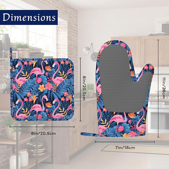 Oven Mitts and Pot Holders Sets Flamingo Tropical Flower Silicone Kitchen Mits - Image 2
