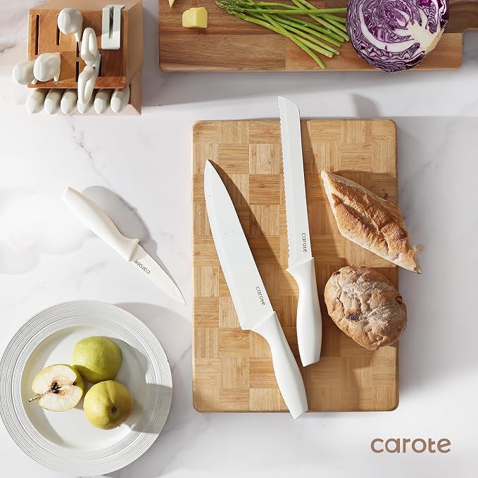 CAROTE 15Piece Knife Set, Kitchen Knife Block Set, Elegant White Ceramic-Coated - Image 4