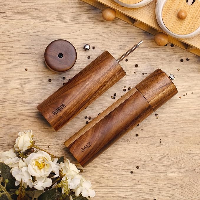 XWXO 2 Pack Acacia Wooden Salt and Pepper Grinder Set 8 Inches Refillable Salt - Image 3