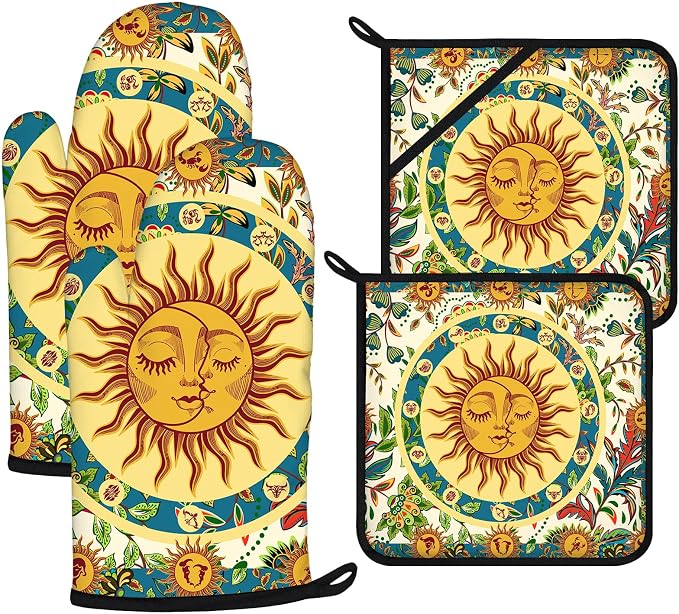Sun and Moon Oven Mitts and Pot Holders Sets 4Pcs, Extra Long Oven Gloves by VisittheDuibelproduct