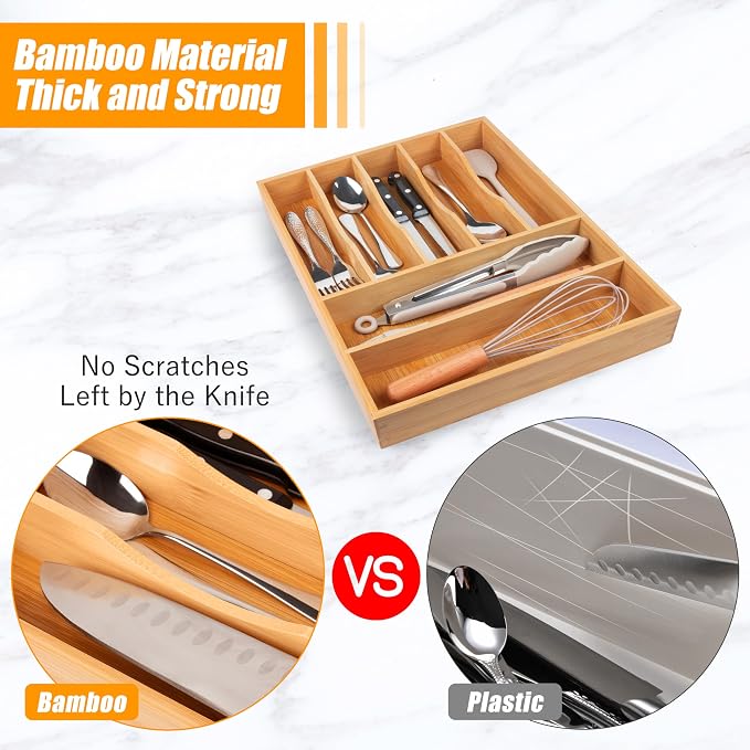 Bellsal Bamboo Silverware Drawer Organizer, Kitchen Utensil Drawer Organizers - Image 4