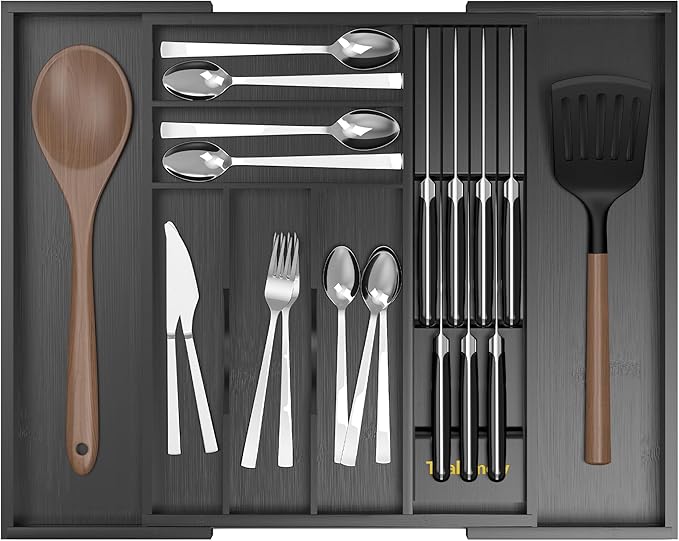Bamboo Kitchen Drawer Organizer, Expandable Silverware Organizer by Thalomely