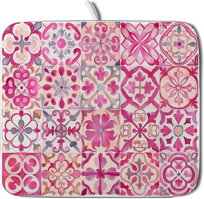 Pink Mexican Tiles Dish Drying Mat Absorbent Microfiber Dish Drying Pad by Giwawa