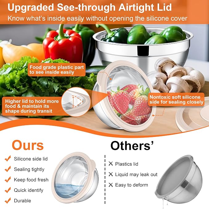 E-far Mixing Bowls Set of 5, Stainless Steel Salad Mixing Bowl - Image 2