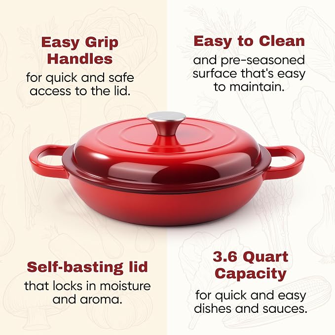 3 Quart Enameled Cast Iron Braiser, Non Stick Enameled Cast Iron Skillet - Image 7