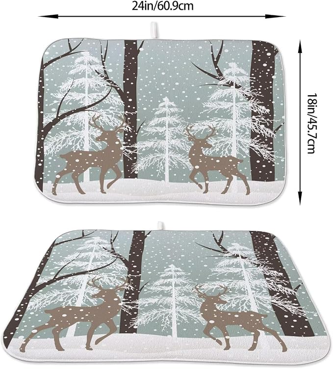 Winter Dish Drying Mat 18 x 24 inch Winter Landscape Snow Tree Deer Decorative - Image 2