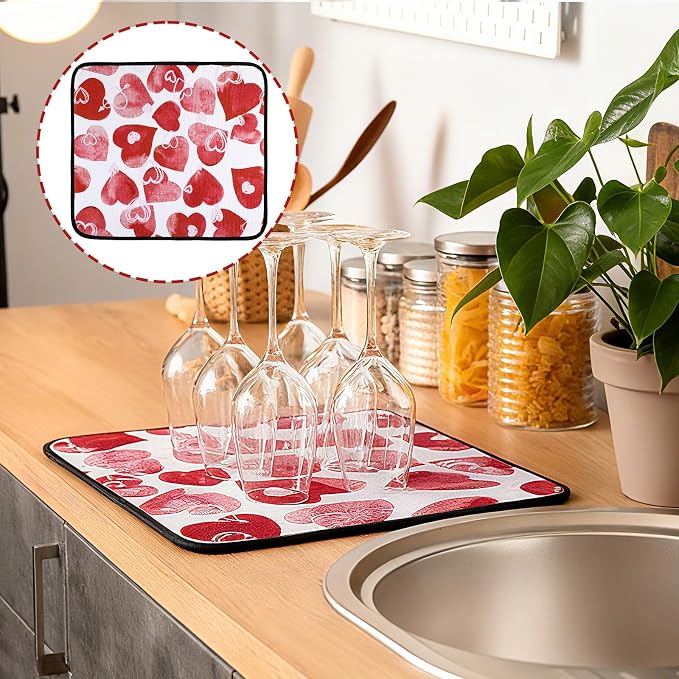 Breling Valentine's Day Dish Drying Mat Valentine Kitchen Dry Mat Absorbent - Image 2