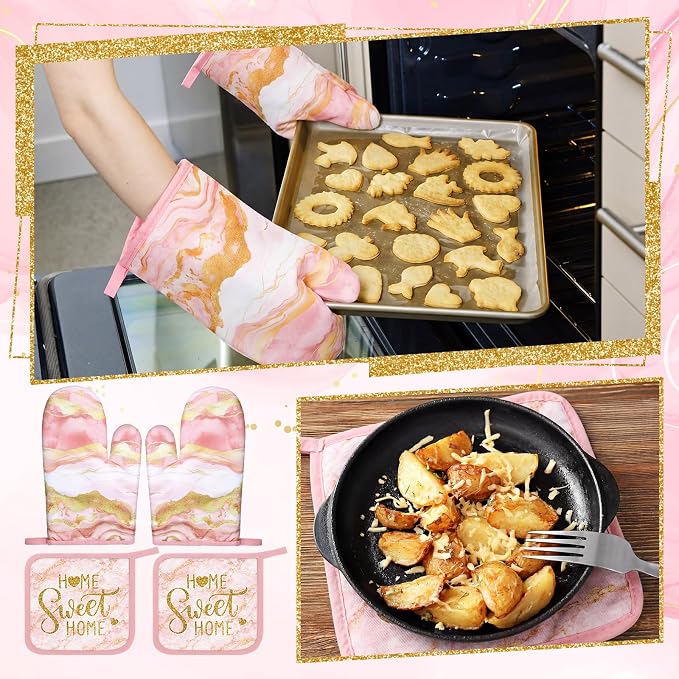 Bencailor Light Pink 6 Pcs Marble Kitchen Decor Gold Pot Holders Oven Mitts 2 - Image 6