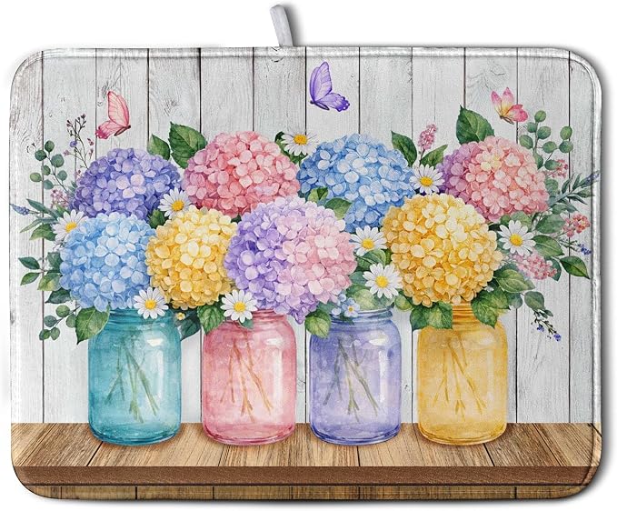 Hydrangea Dish Drying Mat for Kitchen Counter Spring Summer Floral Vases dish by Kwlegh