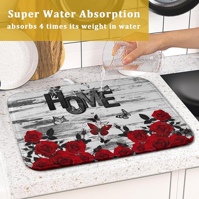 Red Rose Dish Drying Mat 16x18 inch Romantic Floral Absorbent Microfiber Sink - Image 7