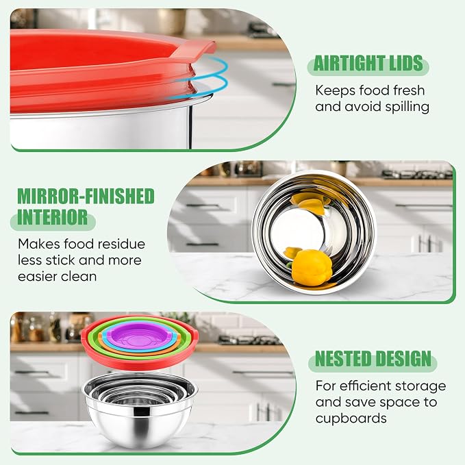 P&P CHEF Mixing Bowls with Airtight Lids Set of 5, 10-Piece Stainless Steel - Image 3