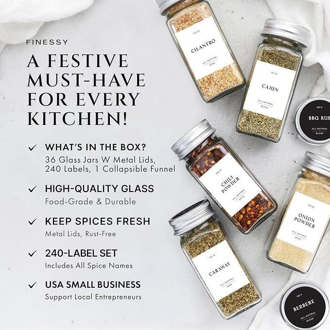 Glass Spice Jars with Labels with Metal Lids and Shakers Farmhouse 36 Pack Set - Image 2