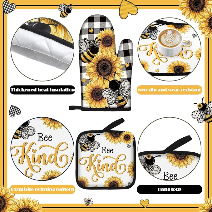Fourluoo 10 Pcs Bee Kitchen Decor Set Kitchen Towels Rugs Oven Mitts and Pot - Image 6