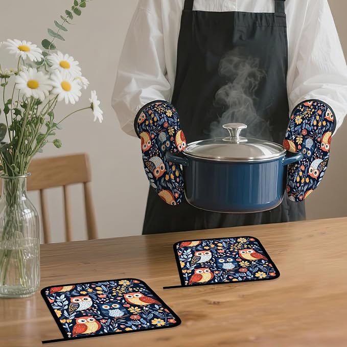 Colorful Cute Owl Oven Mitts and Pot Holders, Heat Resistant Oven Mitts Gloves - Image 7