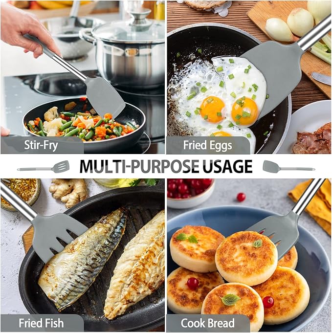 Pack of 4 Large Silicone Cooking Spatulas and Spoons, Slotted and Solid - Image 4