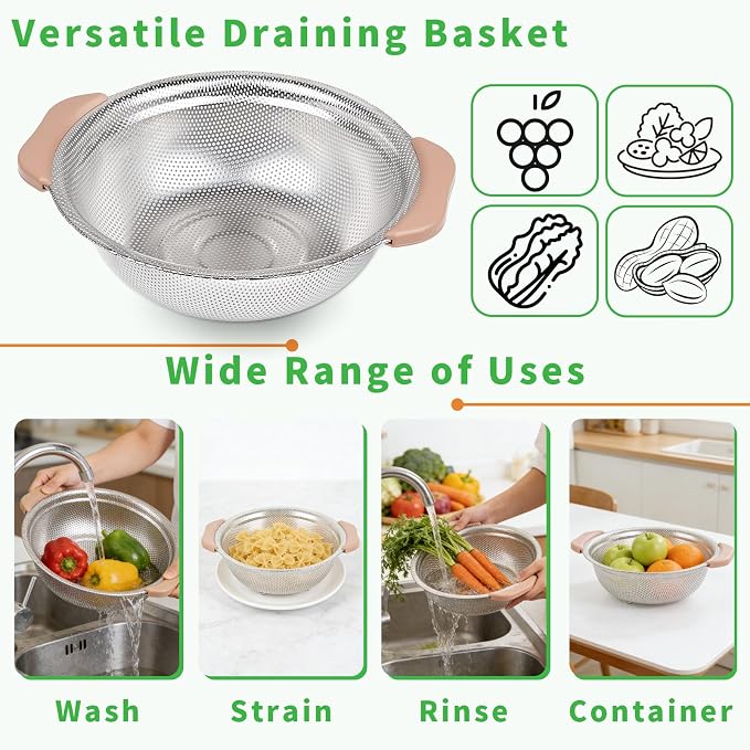 Colander Set with Plastic Handles, Stainless Steel Micro-Perforated Colanders - Image 5